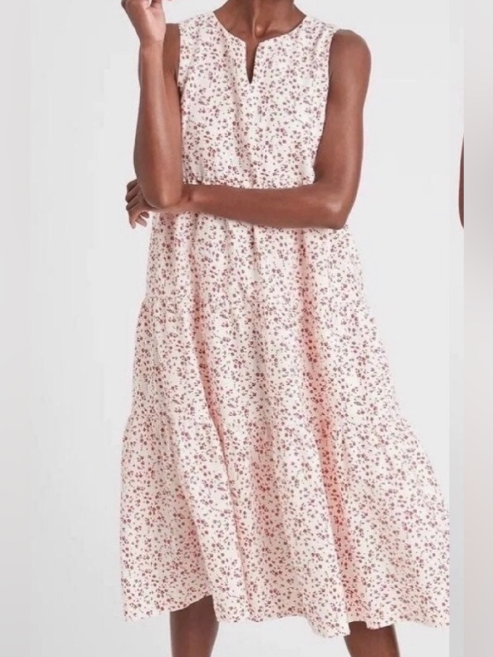 Banana republic Small White Lined Linen Sleeveless Midi Dress Red Floral